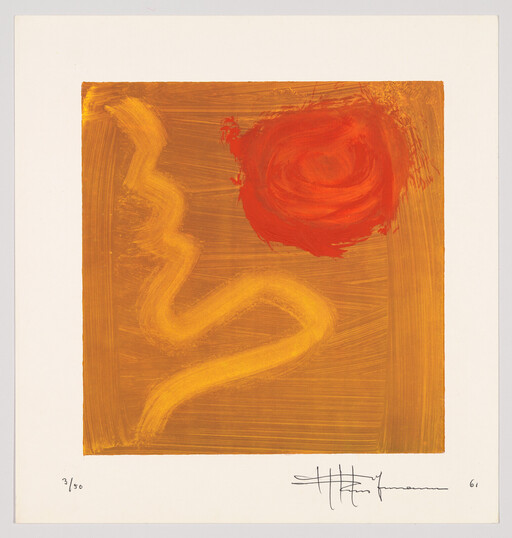 Orange square painting with a yellow squiggle and a red circular brushstroke at top right.