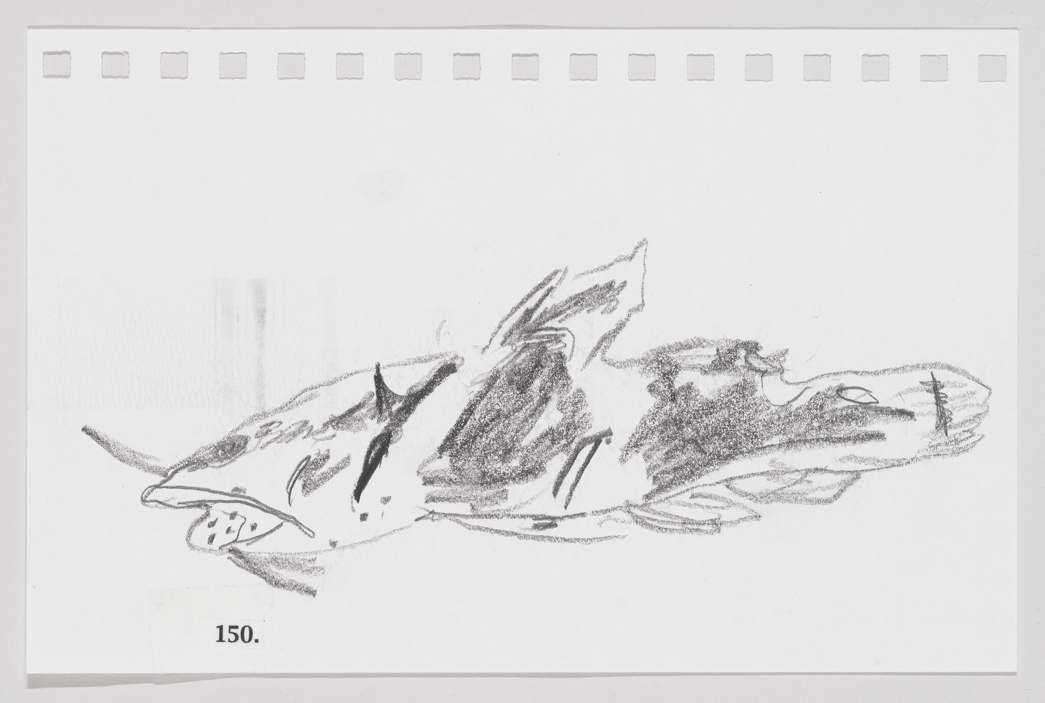 Sketch of a fish on perforated paper, numbered 150, with loose, expressive lines.