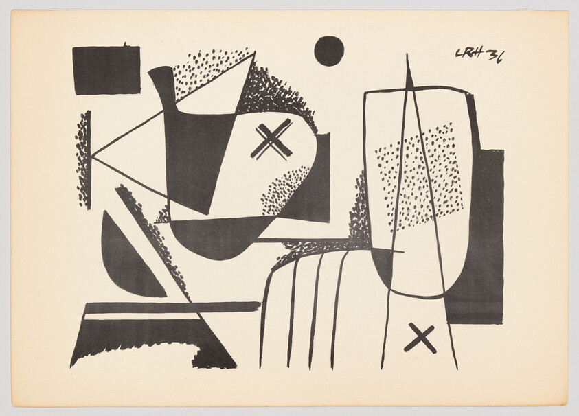 Abstract drawing of bold black geometric shapes, lines, and dotted textures on a cream background.