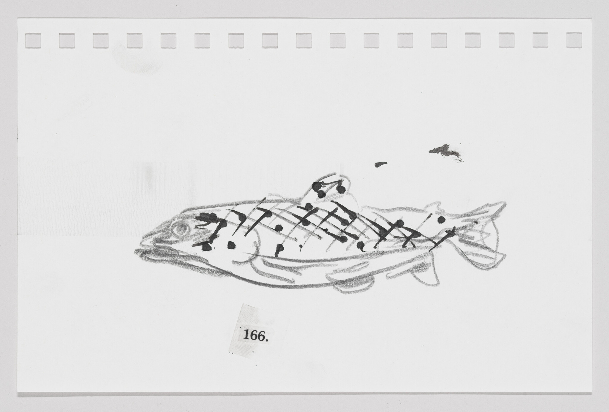 Sketch of a fish with musical notes on its body, on a white background with a number 166. in the corner.