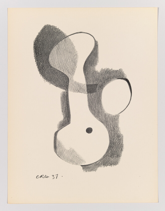 Abstract pencil drawing of overlapping rounded shapes and shaded loops resembling a guitar body.