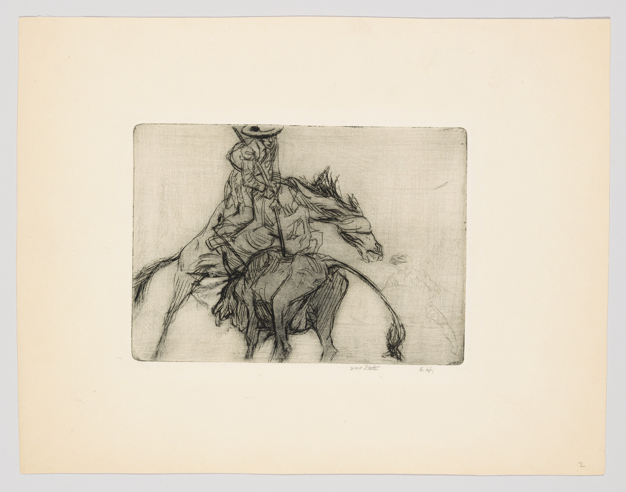 A cowboy wearing a hat struggles to stay on a bucking horse in a sketch.