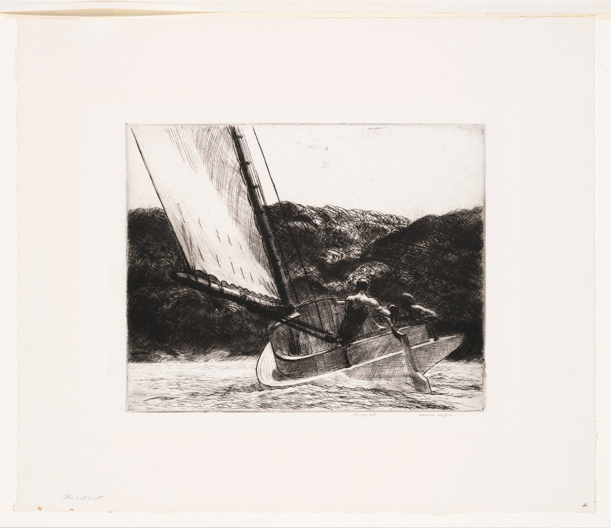 Two people lean to balance a small sailboat as it heels under a large sail.