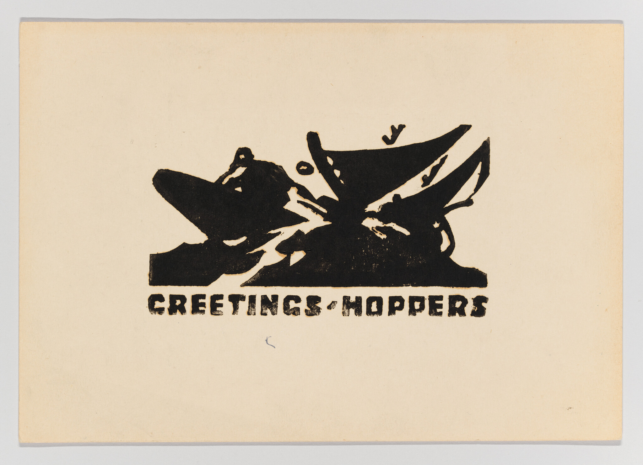 Black silhouette of grasshoppers above the text "GREETINGS HOPPERS" on a cream background.