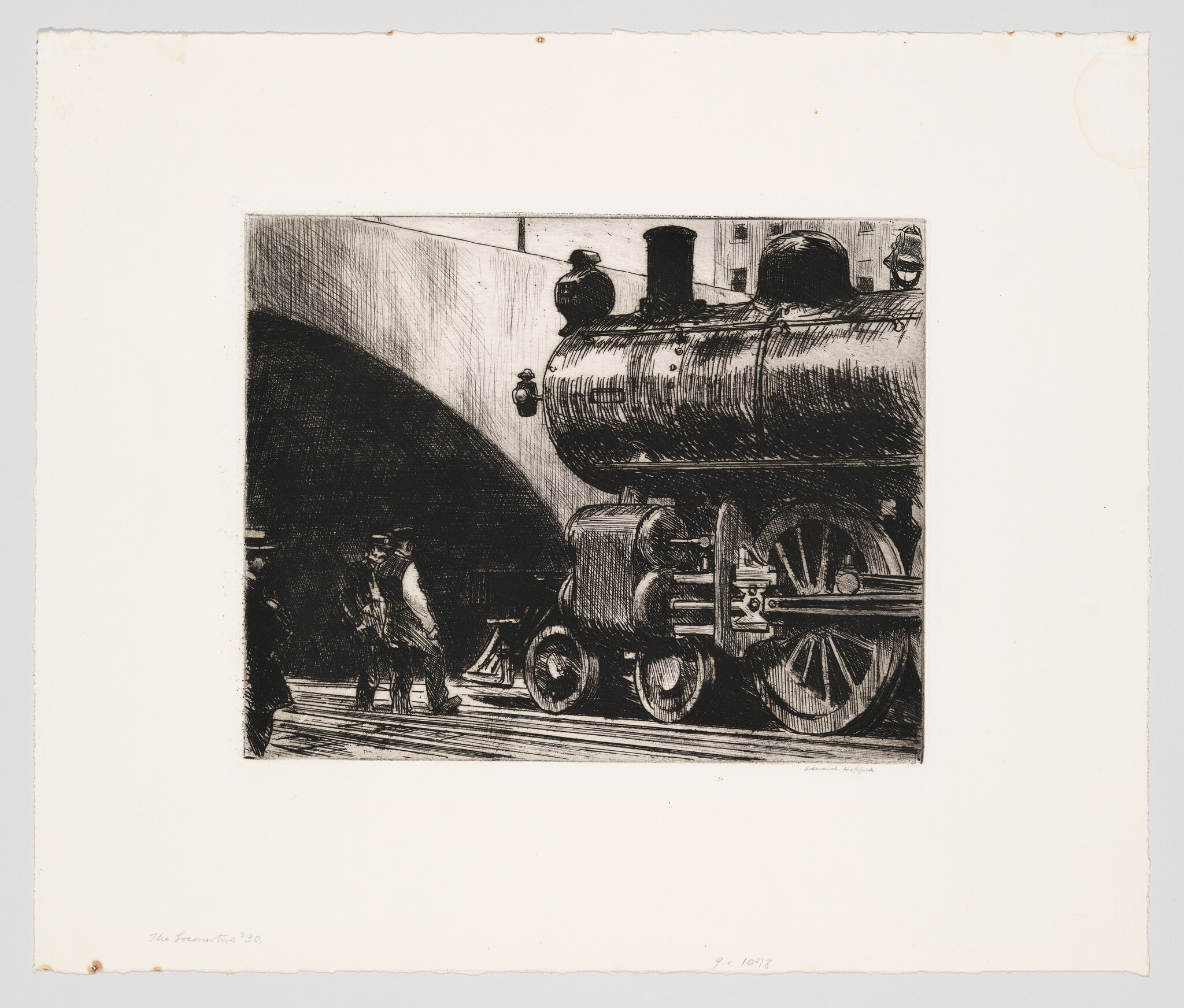 A large steam locomotive fills the right side while two men walk past a dark tunnel.