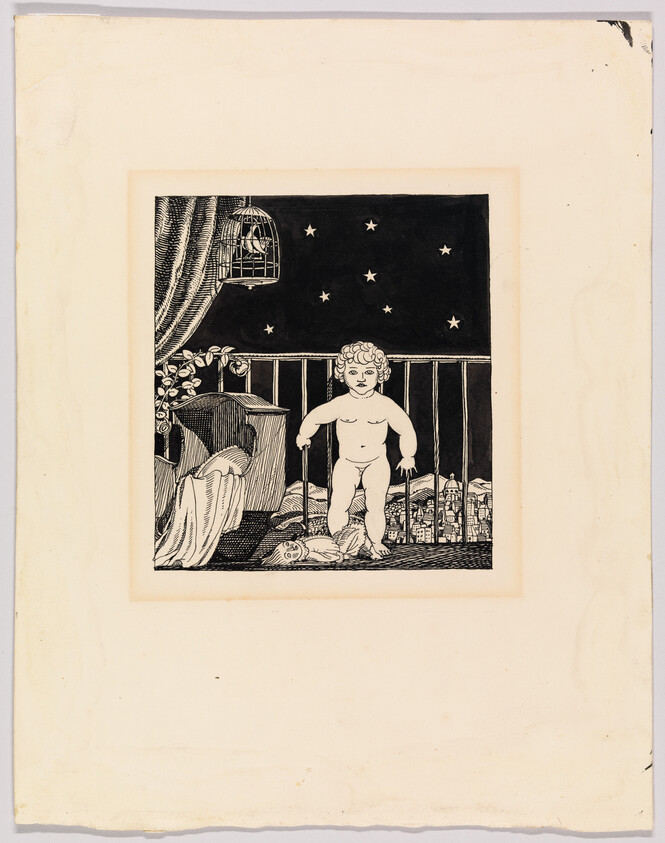 A naked child stands on a balcony at night with a starry sky and birdcage.
