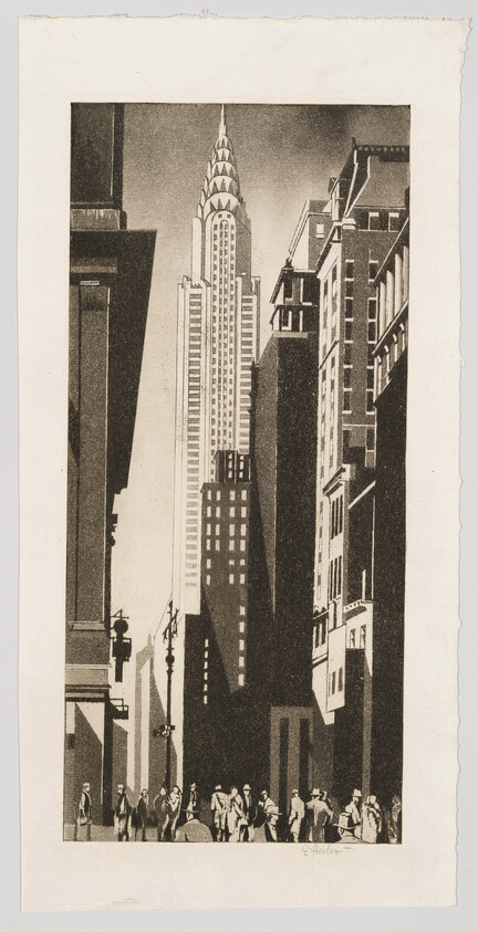 A black and white print depicting a bustling city street scene with pedestrians at the bottom and towering buildings, including a distinctive art deco skyscraper, rising above. The image has a vintage feel, with strong contrasts between light and shadow, emphasizing the architectural details and the urban atmosphere.