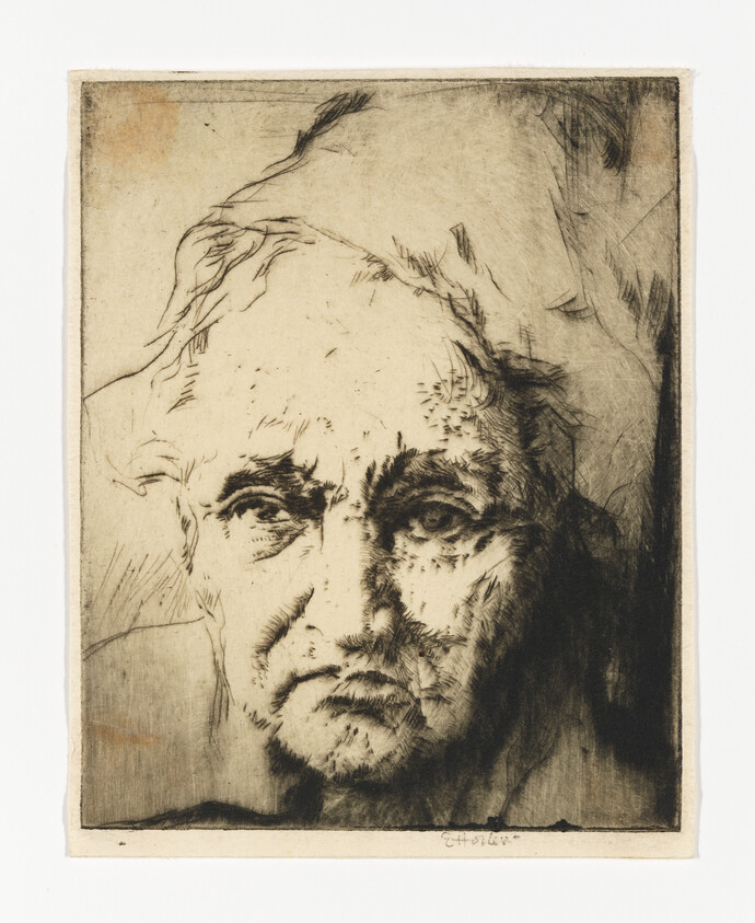 An etching of an elderly man's face with expressive lines and shading, capturing a contemplative or somber expression. The artwork is signed at the bottom right.