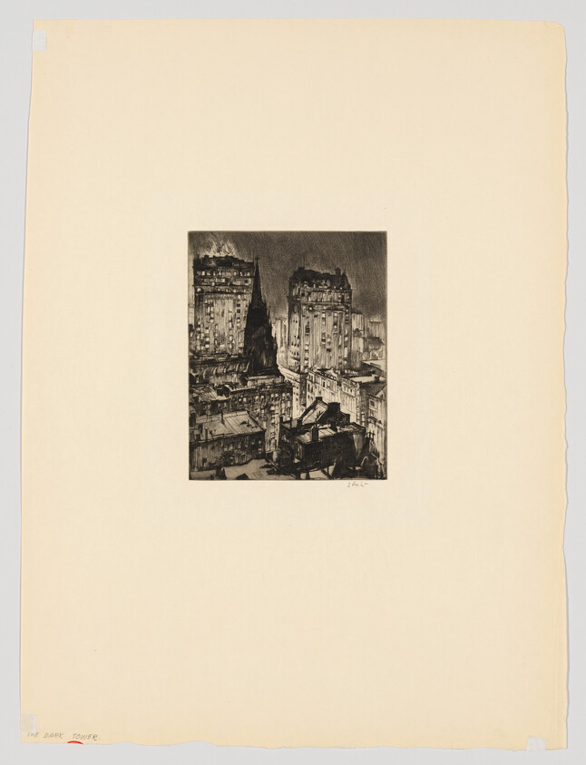 A black and white etching depicting a dense urban scene with towering buildings dominating the skyline. The foreground shows tightly packed houses with various roof shapes, while the background features two prominent high-rise structures with many windows, giving a sense of a bustling cityscape. The etching is centered on a beige paper with a rough edge on the right side and a caption "THE DARK TOWER" in the lower left corner.