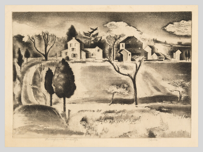 Vintage monochrome landscape etching with houses, bare trees, and tall cypresses under a cloudy sky.