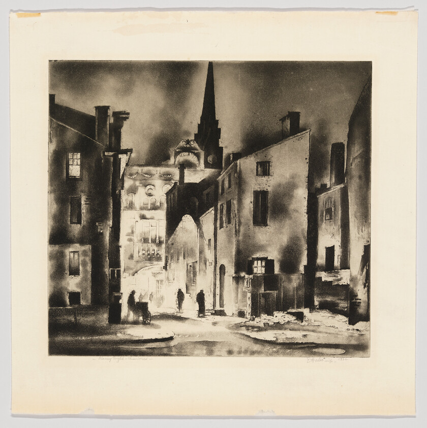 A monochromatic etching depicting a European street scene at night with buildings on either side and a church spire in the background. Silhouettes of people and a horse-drawn carriage are visible on the street, which reflects light, suggesting a wet surface. The image has a dark, moody atmosphere with strong contrasts between light and shadow. There is a signature and date in the lower right corner.
