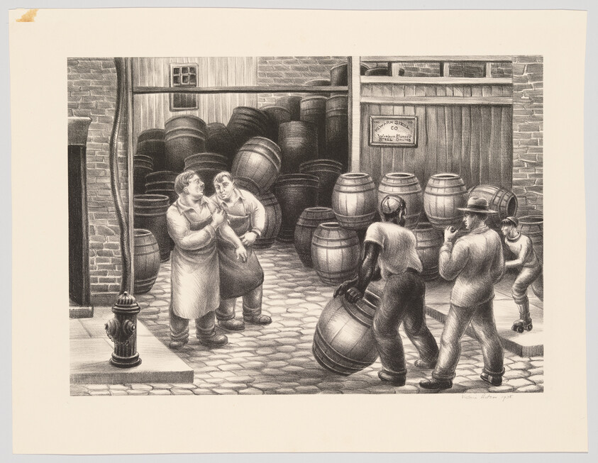Workers roll and carry large wooden barrels across a cobblestone yard beside a stacked barrel warehouse.
