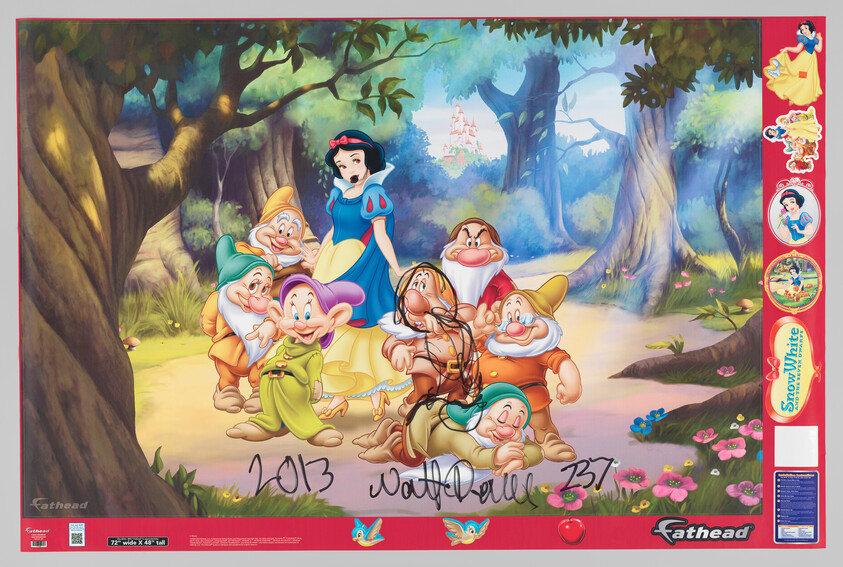 Snow White and the seven dwarfs pose together in a colorful forest scene.