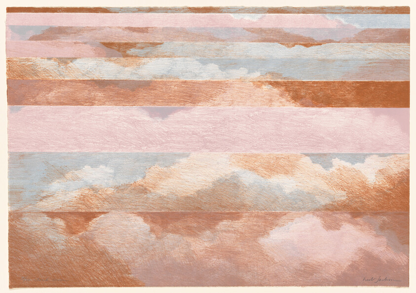 Soft horizontal bands of pastel clouds in pink, peach, and blue with textured brush strokes.