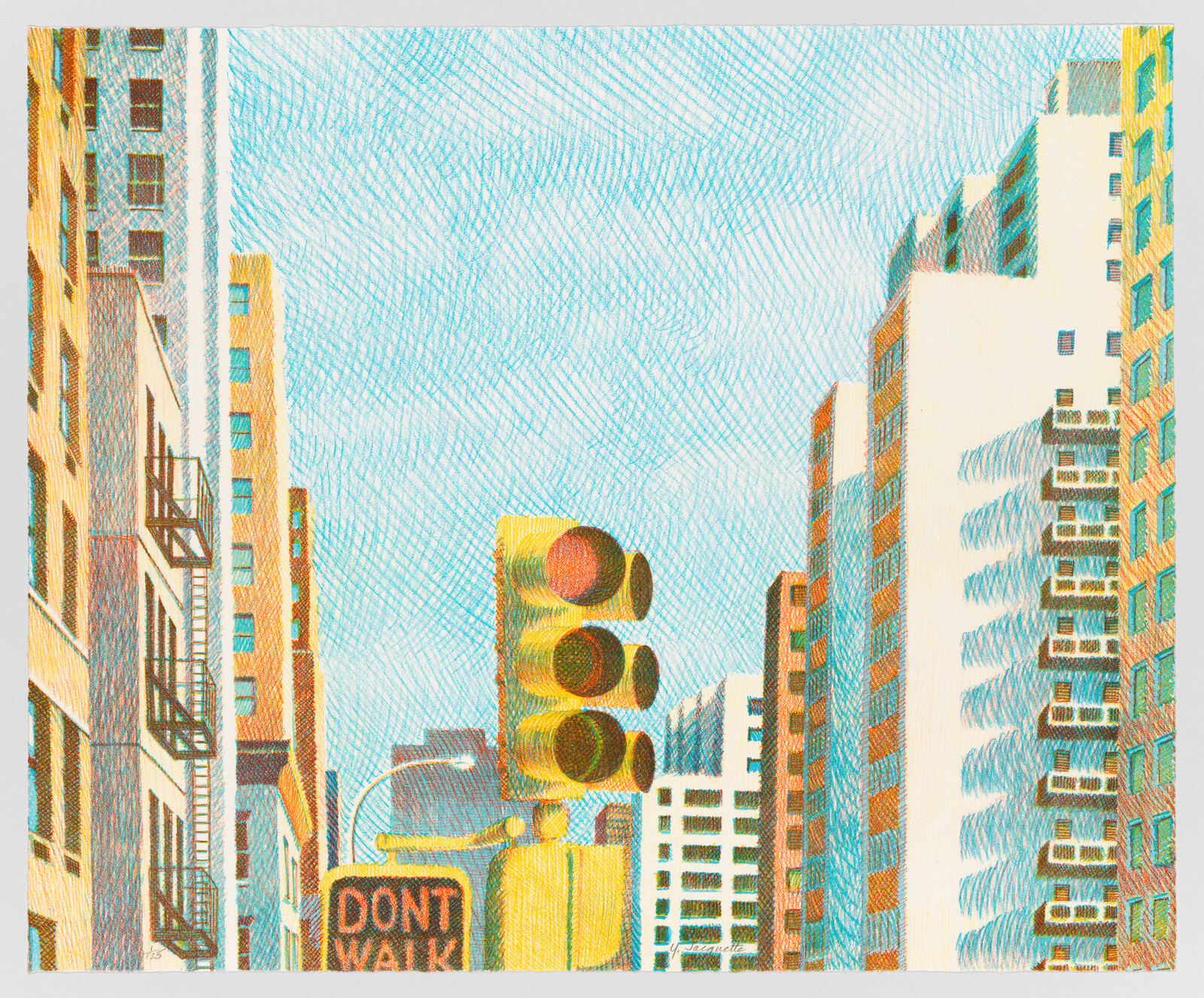 Yellow traffic signal with a red light and 'DONT WALK' sign in front of tall city buildings.