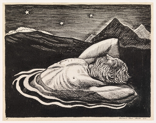 A reclining nude figure floats in water under a starry sky with distant mountains.
