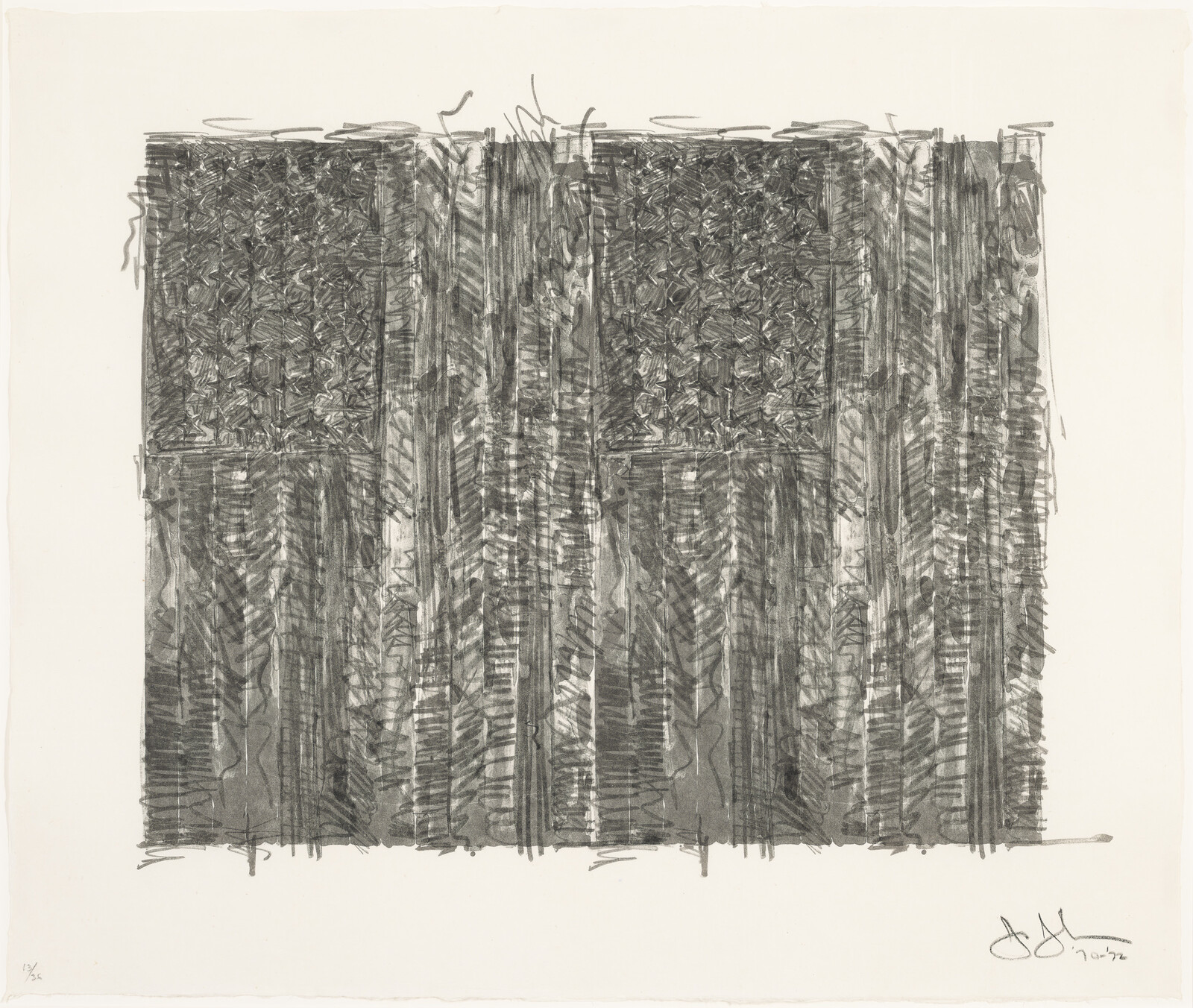 A textured charcoal drawing suggests a distressed American flag with dense stars and vertical stripes.
