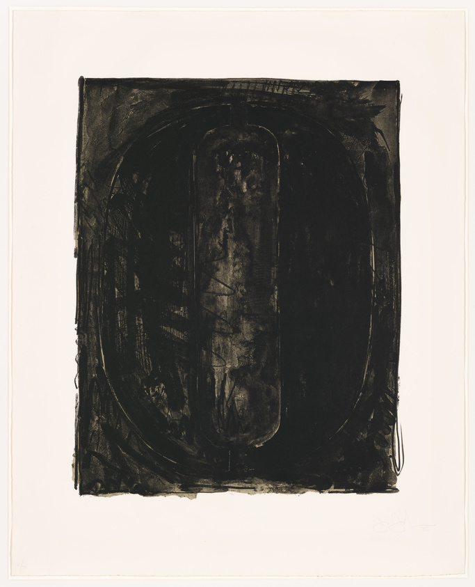 A monochromatic abstract print with heavy black brushstrokes and textures, centered on a white background. The central form is vaguely rectangular with rounded edges, surrounded by a darker, uneven border. The artist's signature and edition number are visible at the bottom.