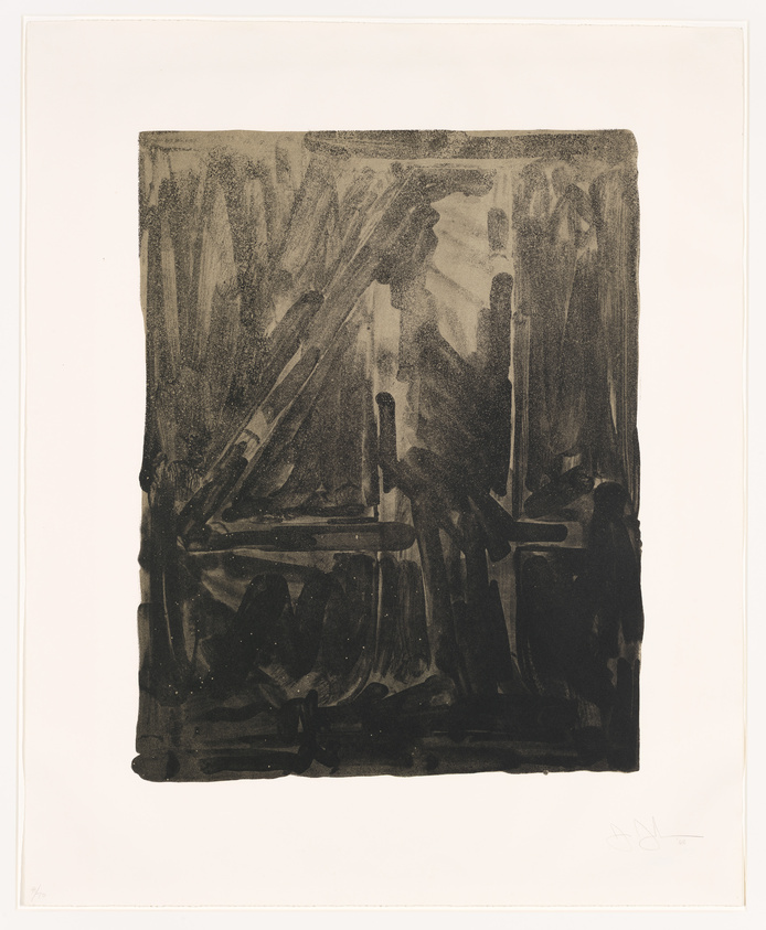 Monochromatic abstract artwork with dark brushstrokes on a light background, suggesting a shadowy interior space with vertical and horizontal lines that could be interpreted as architectural elements or figures. The piece is signed and numbered in the lower margin.