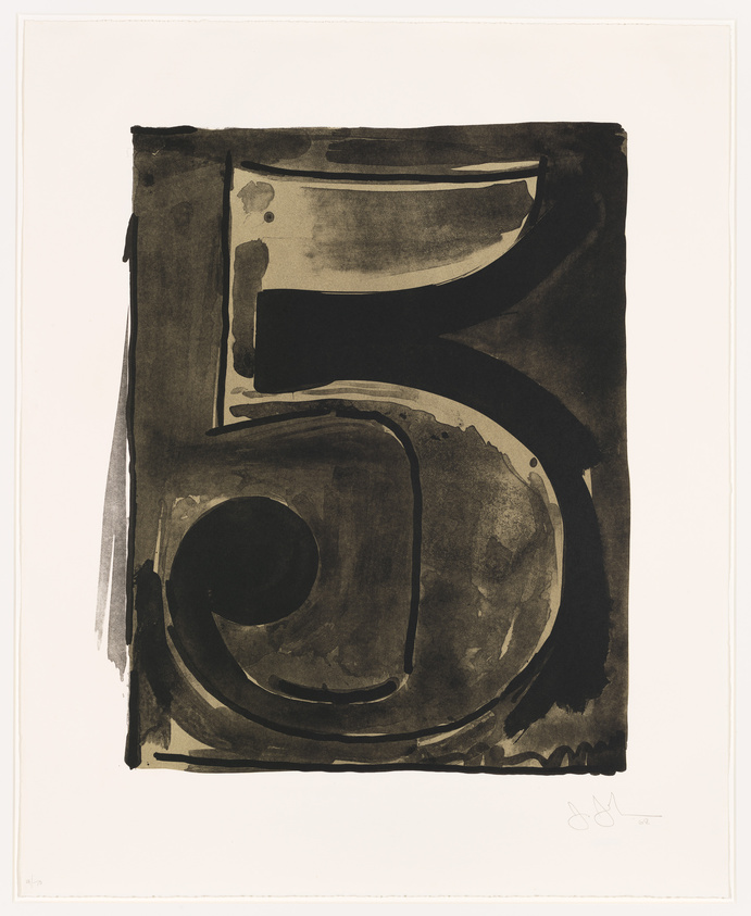 Abstract black and brown ink painting on a white background, featuring bold, fluid lines and shapes that suggest the form of a number five. The artwork is signed in the lower right corner.