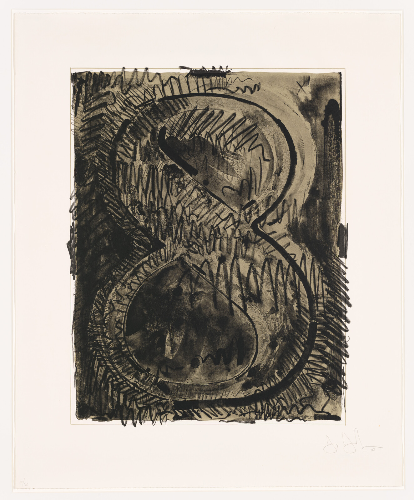 An abstract black and white etching featuring dynamic, swirling lines and shapes that create a sense of movement. The composition is centered on the page with a border of white space around it. There are darker areas of ink that provide contrast to the lighter lines, and the artwork is signed by the artist in the lower right corner.