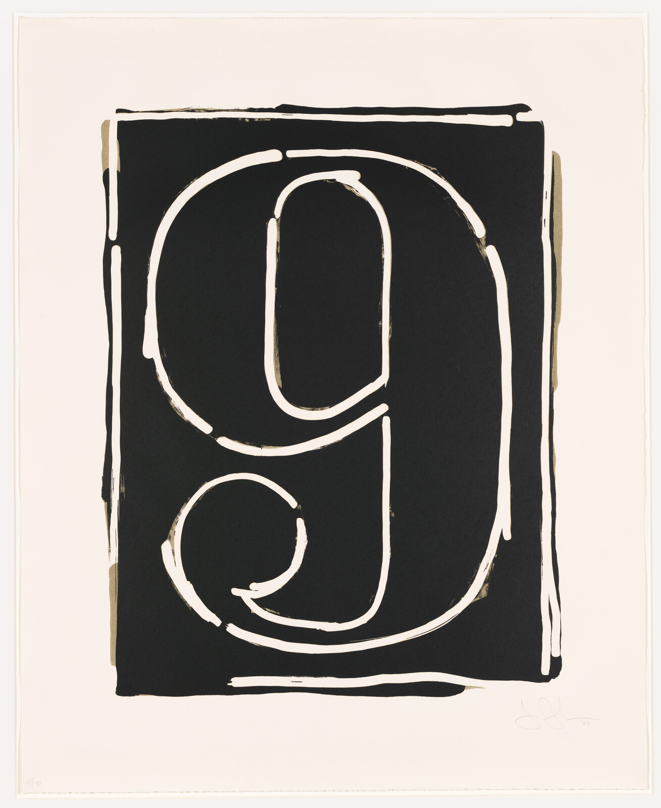 Abstract black and white artwork featuring bold, gestural loops and lines that resemble the number 9, set against a plain background. The artist's signature is visible at the bottom right.