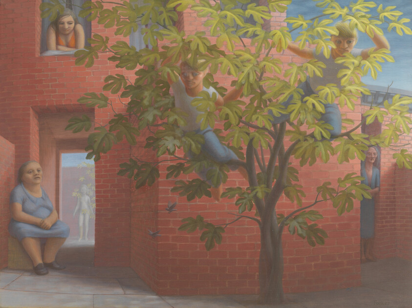 Two boys climb a leafy tree in a brick courtyard while neighbors watch from doorways and windows.