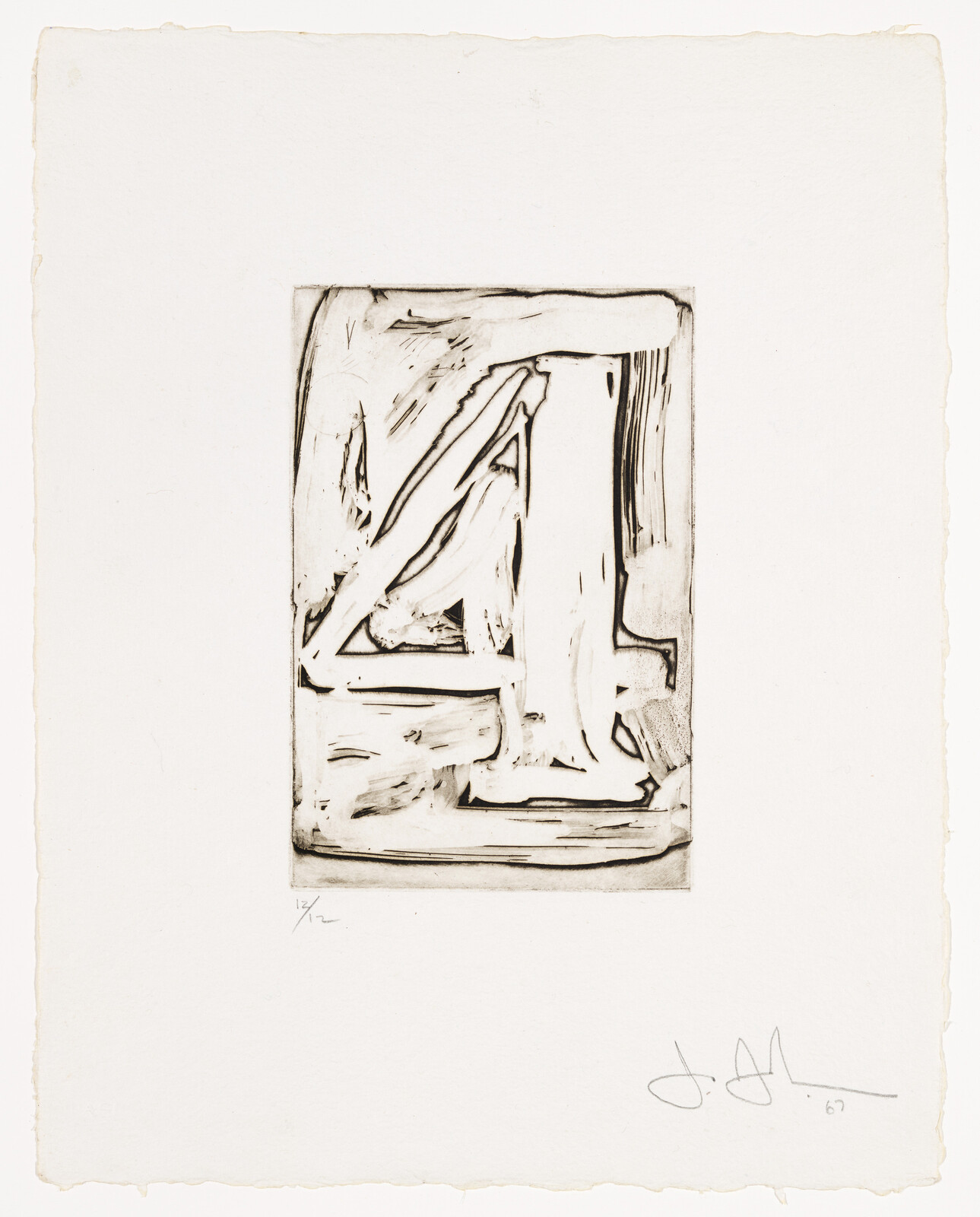 An abstract black and white etching on paper with bold, expressive lines and shapes. The artwork is centered on the page with a natural paper border. There are artist's signatures and edition numbers in pencil at the bottom.