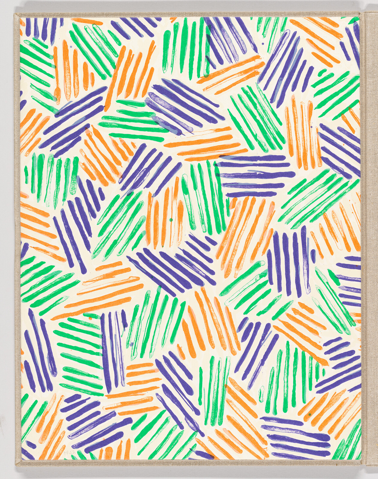 Colorful pattern of diagonal lines in green, orange, and purple, arranged in clusters on a white background.