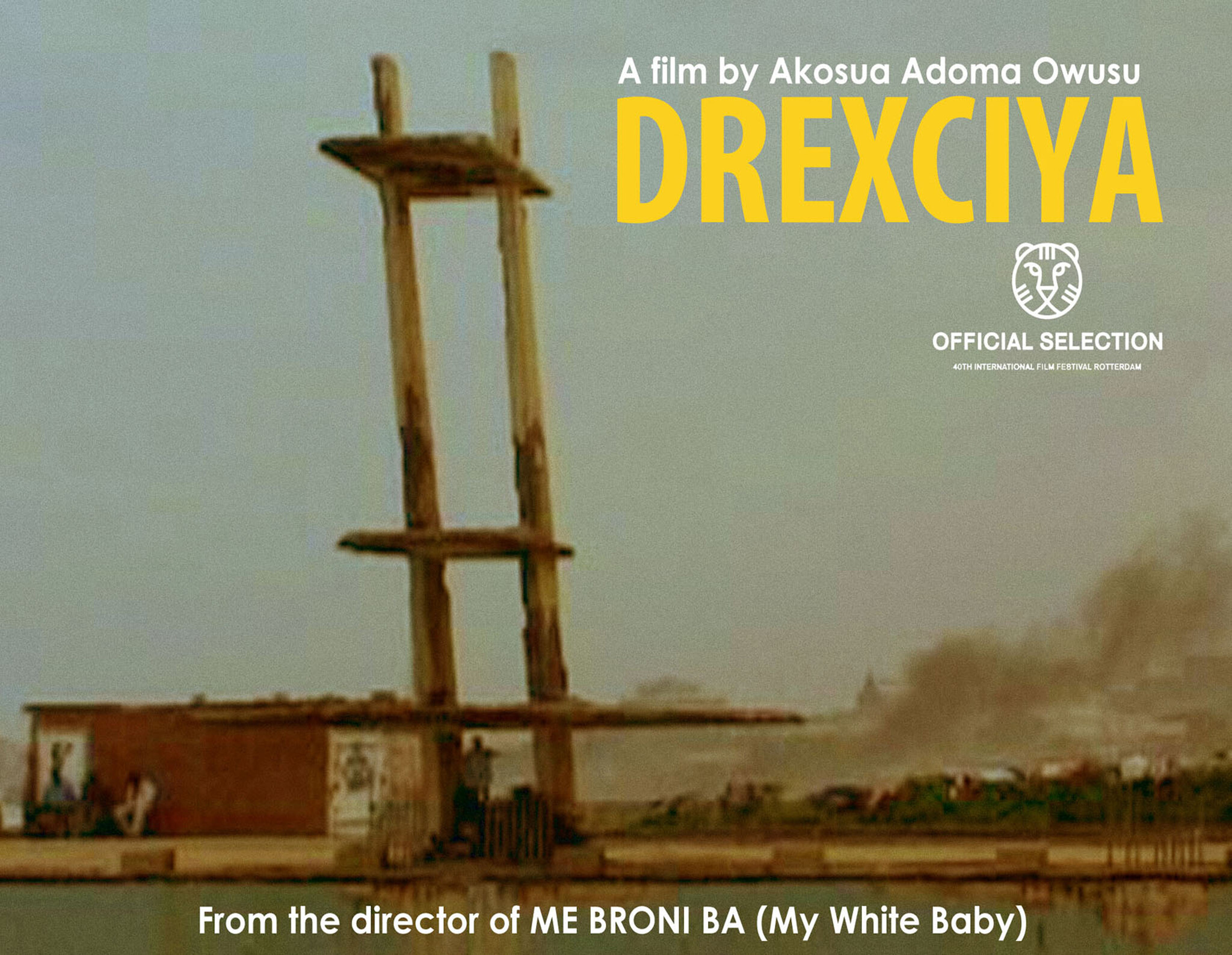 Tall wooden diving platform on a riverbank with the film title Drexciya in yellow.