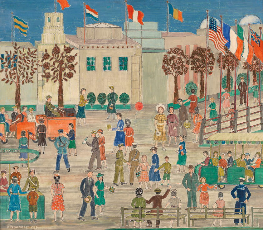 People strolling and gathering at a fairground with international flags and ride cars.