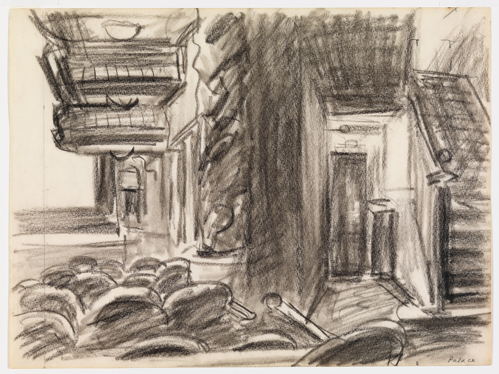 Pencil sketch depicting an interior scene with balconies, staircases, and rows of seats, suggesting a theater setting. The drawing style is loose and expressive, with emphasis on light and shadow to create depth. The artist's signature is visible in the lower right corner.