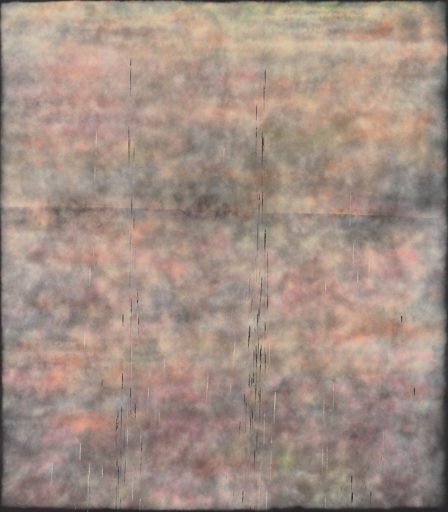 A textured abstract image with a blend of muted colors, predominantly in shades of pink, gray, and orange, with vertical streaks creating a sense of motion or rain. The overall effect is reminiscent of a weathered wall or a canvas with a distressed finish.