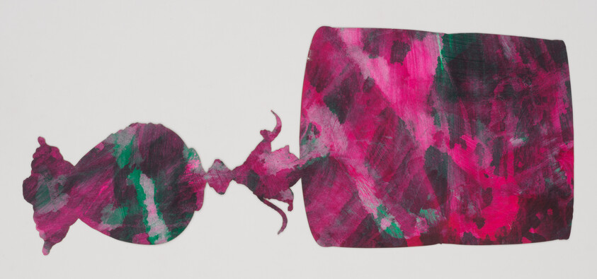Two abstract magenta and green painted shapes, one candy-like and one rectangular, on a white background.