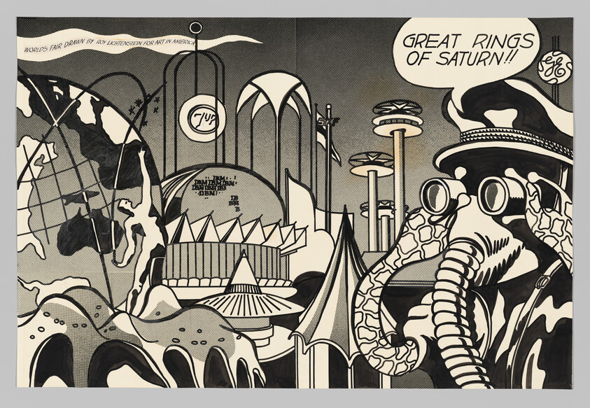 Retro-futuristic World's Fair scene with a masked figure exclaiming "Great rings of Saturn!!".