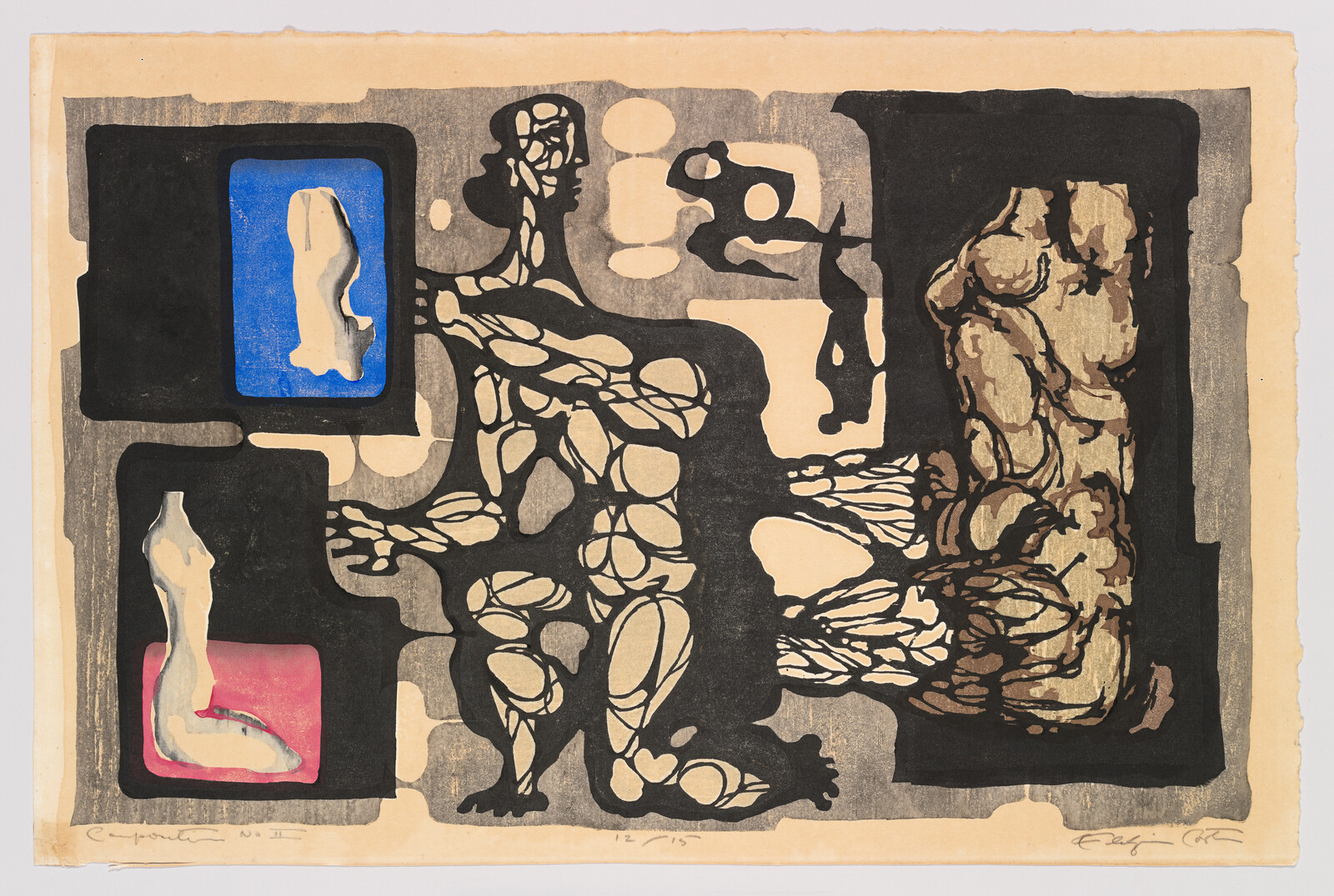 This is an abstract artwork featuring a collage of various shapes and figures in a limited color palette. On the left, two rectangular frames contain silhouetted figures against blue and pink backgrounds. The central and right portions of the image display interconnected organic and geometric shapes in black, beige, and brown tones. The piece has a textured appearance and is signed by the artist in the lower corners.