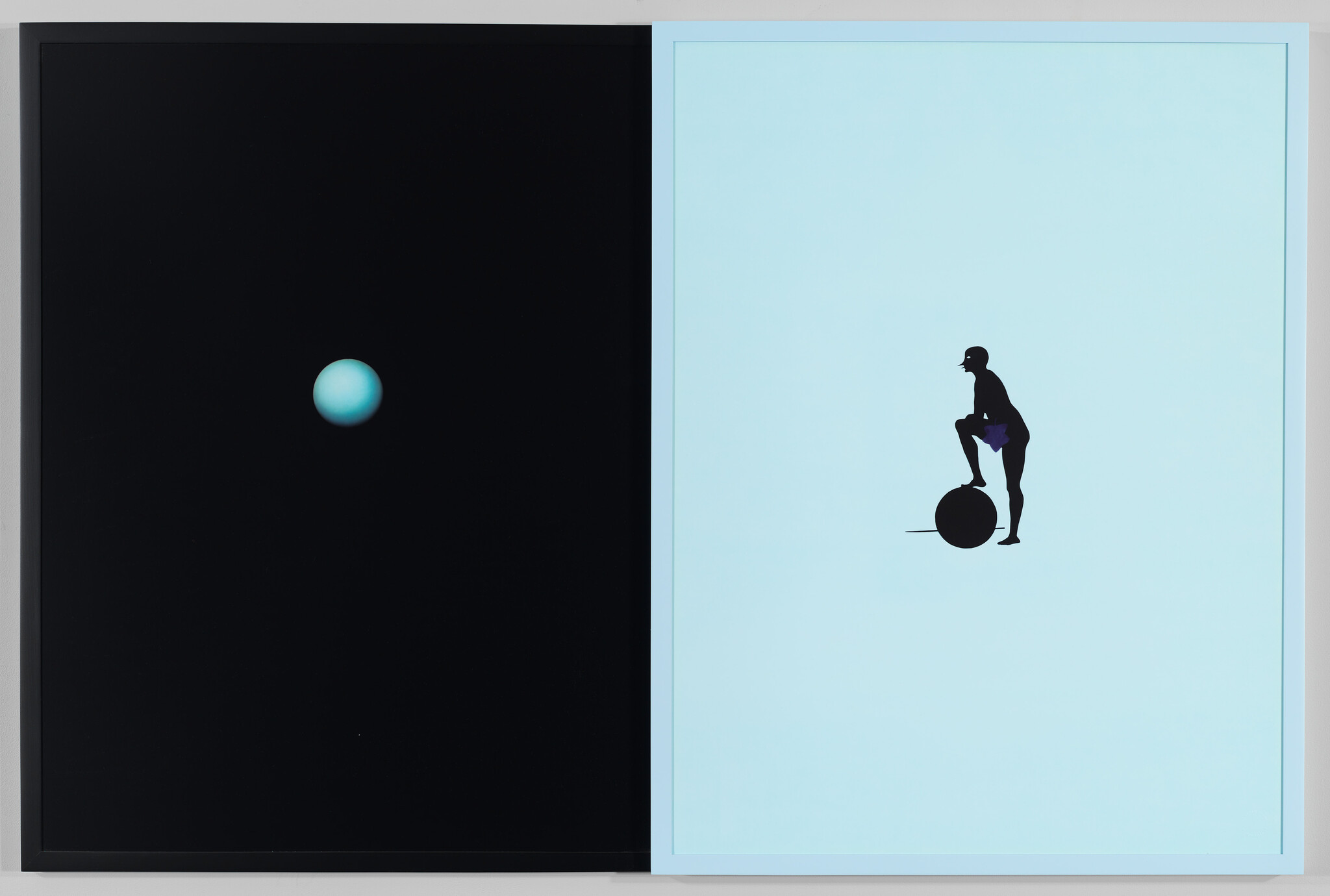 Cyan sphere on black panel contrasts with silhouetted figure balancing one foot on a ball.