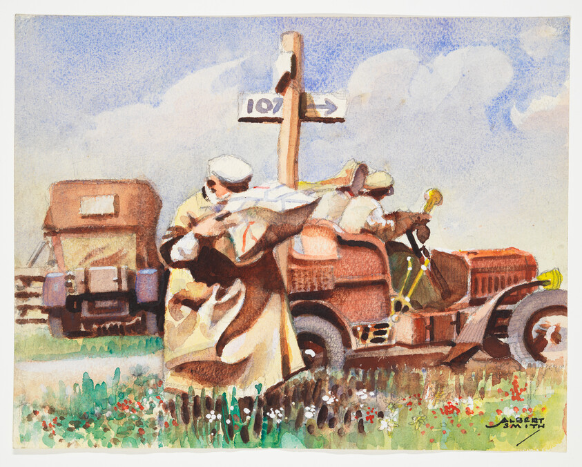 Two men in coats load luggage into an old car at a country crossroads.