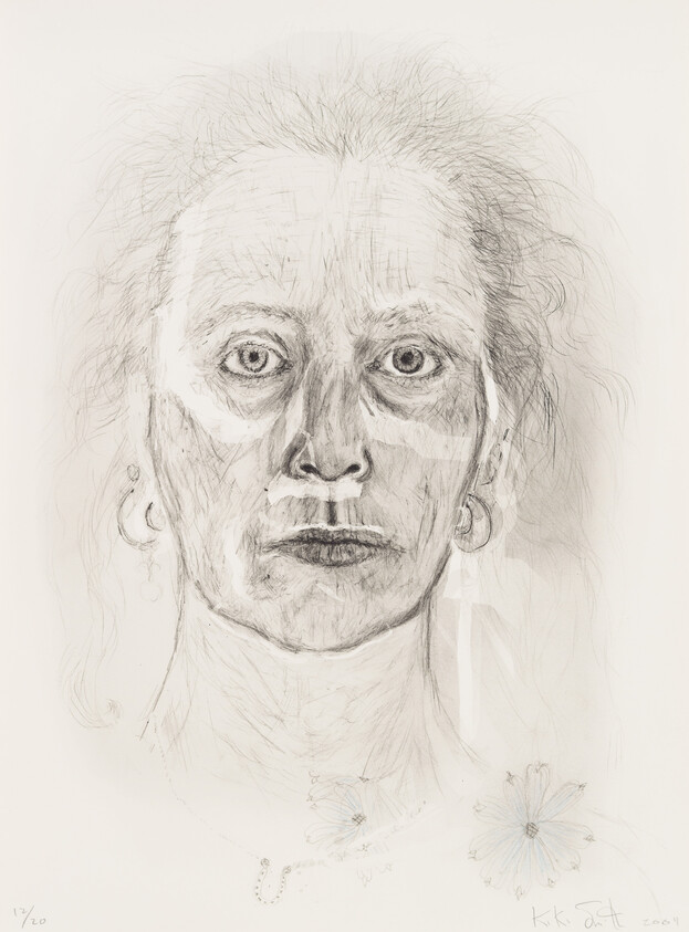 A detailed pencil portrait of a woman with intense eyes and hoop earrings, faint flowers below.