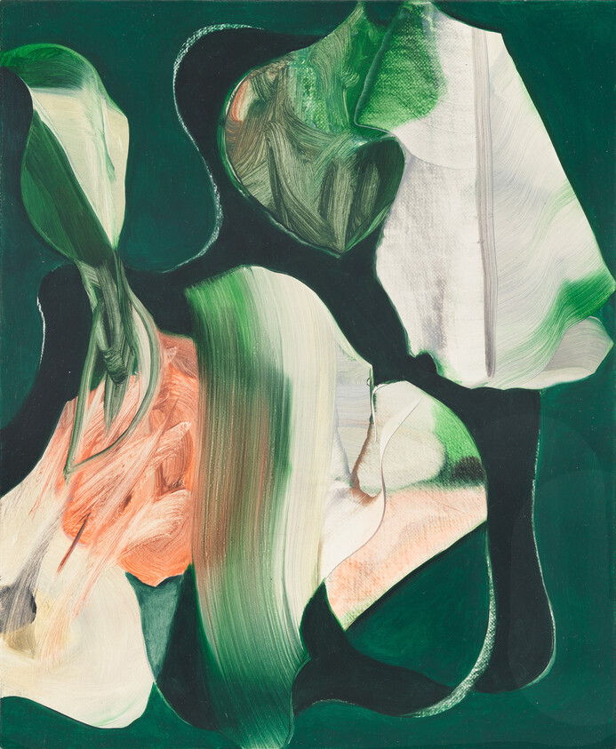 Abstract green, white, and peach brushstrokes swirl over a dark background, creating leaf-like shapes.