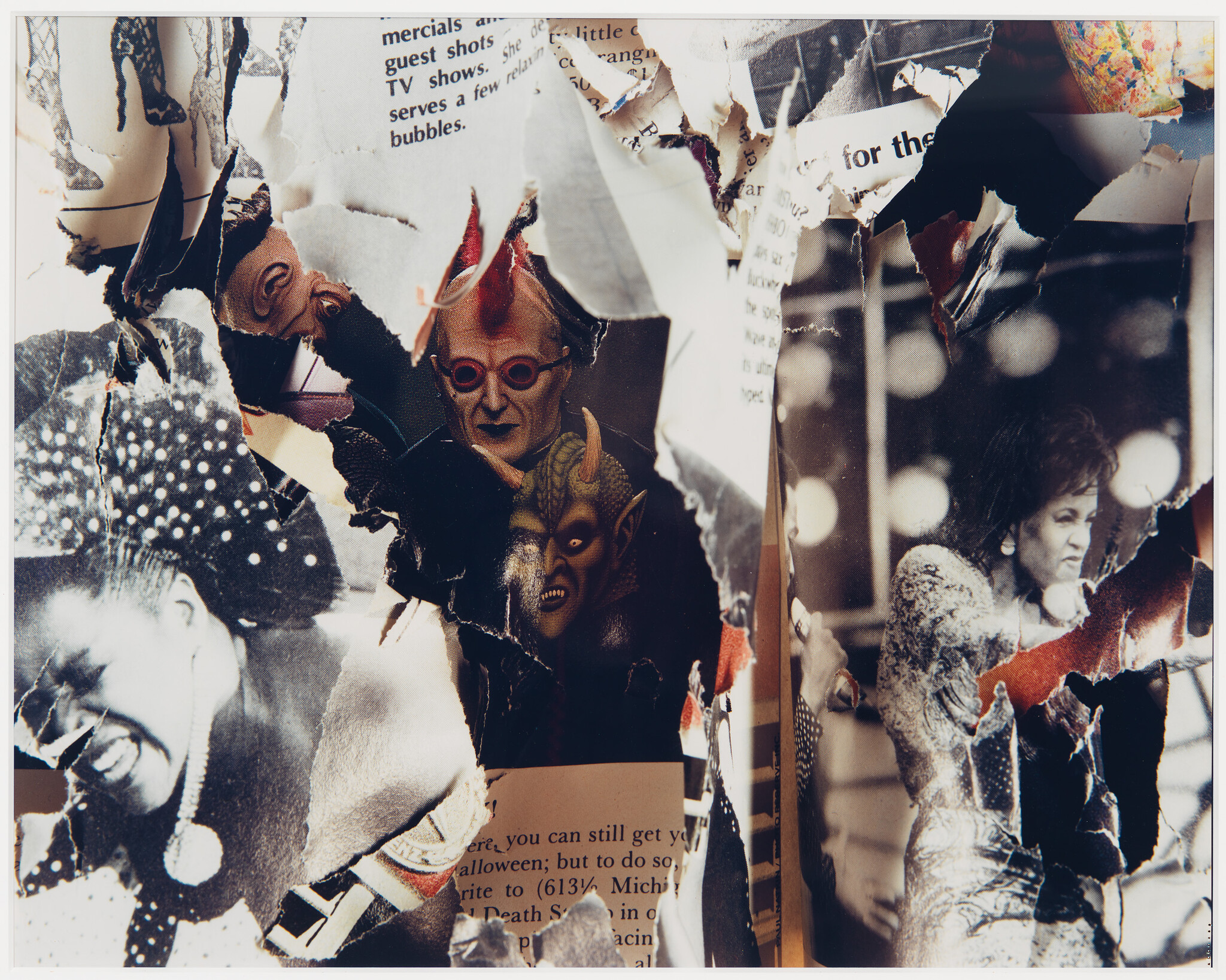 Torn magazine collage showing masked figures, a devil mask, and a singing performer.