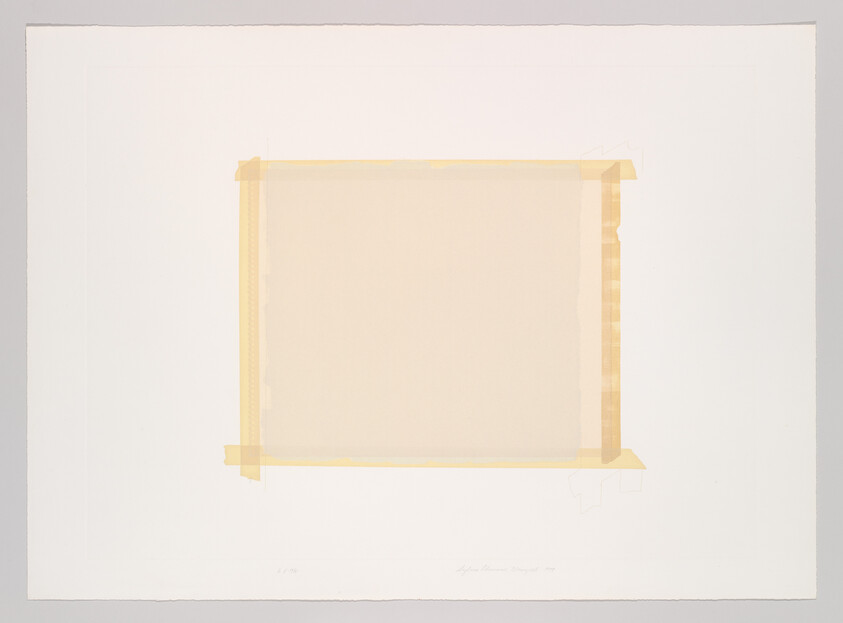 A minimalist artwork depicting a square shape created by translucent tape with soft yellow hues on a white background, signed and dated in the bottom right corner.