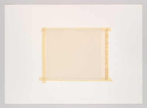 Pale square canvas secured to a white sheet with strips of yellow tape.
