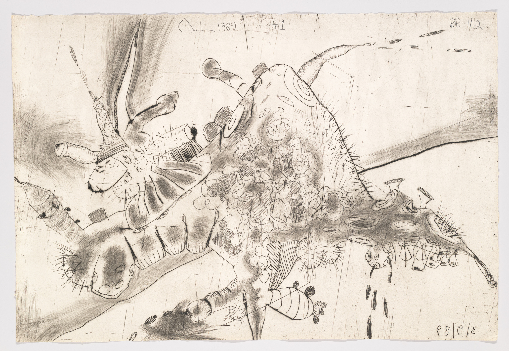 A detailed etching featuring an abstract composition with various organic and surreal forms that resemble parts of creatures, plants, and other natural elements, intertwined in a dream-like scene. The artwork is rendered in black and white with intricate lines and textures, and there are handwritten notations in the margins.