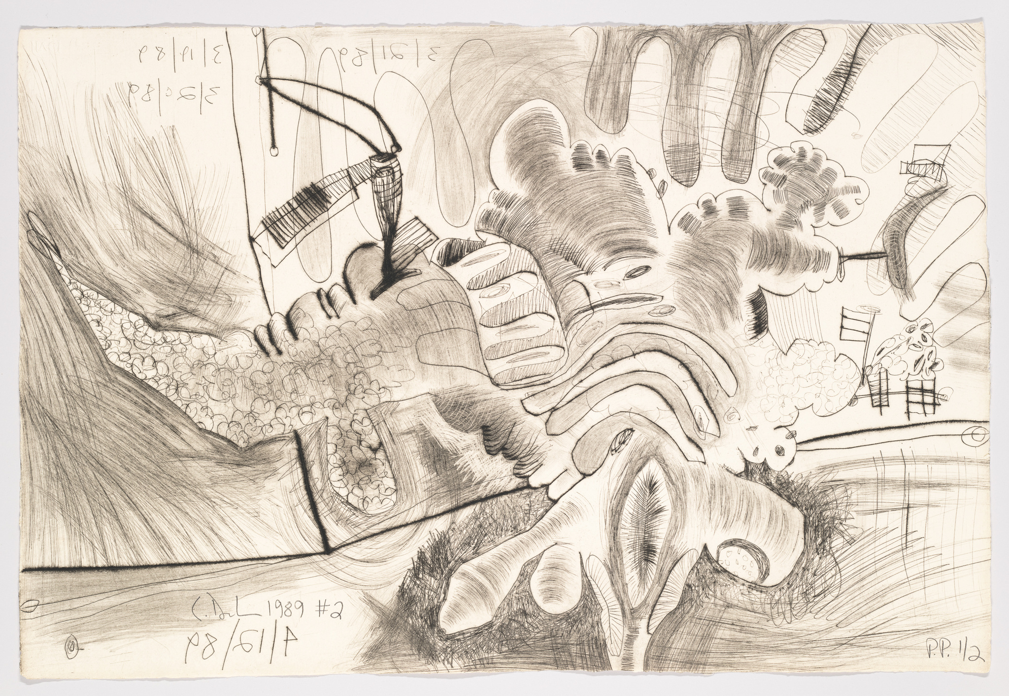 A detailed pencil drawing featuring an abstract composition with various shapes and forms that resemble body parts, musical instruments, and other objects intertwined in a dreamlike landscape. The artwork includes text and numbers that suggest it's part of a series, dated 1989.