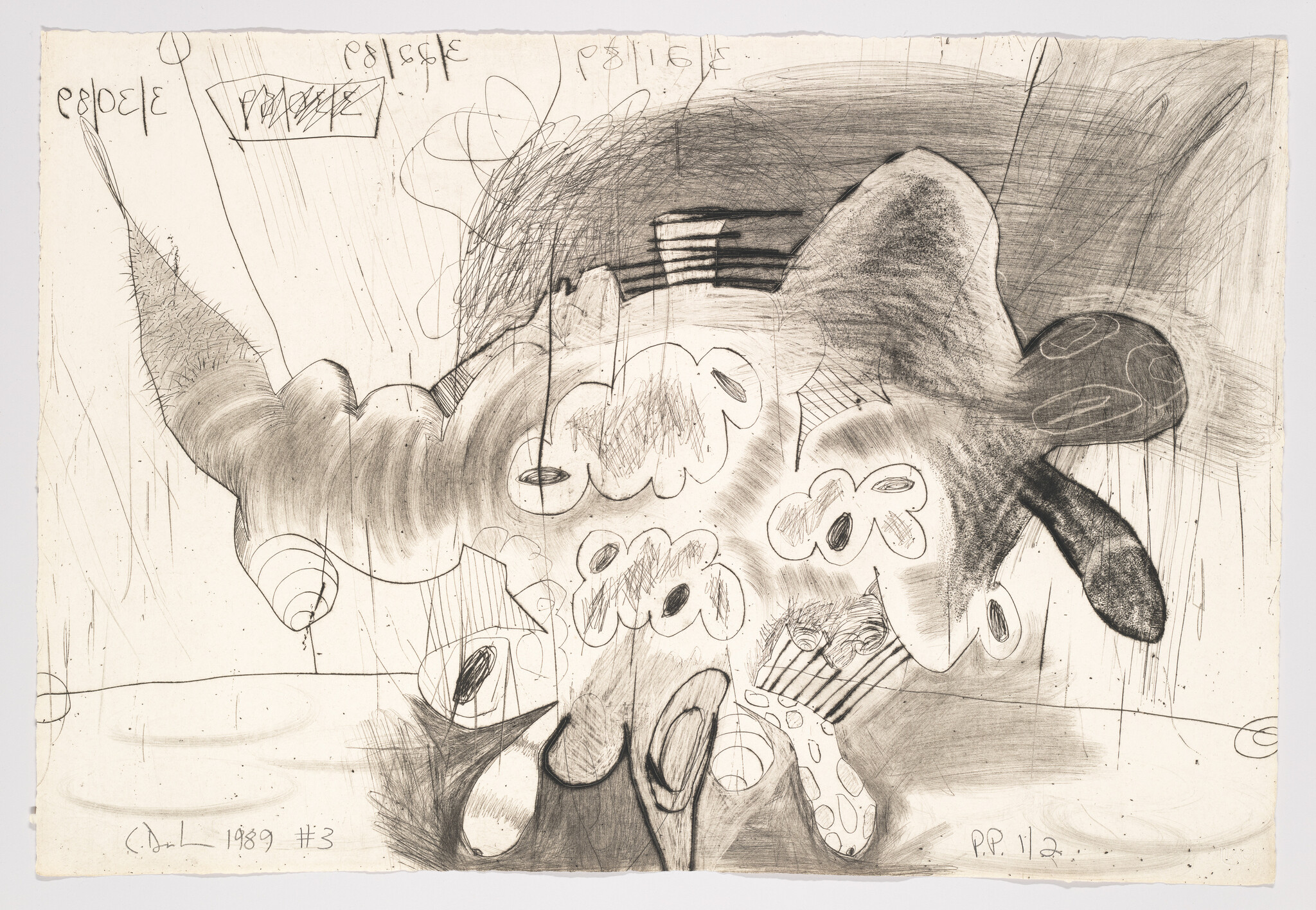 A black and white abstract drawing featuring a variety of shapes and scribbles that create a chaotic composition. There are cloud-like forms, swirling lines, and what appear to be flower or butterfly shapes throughout. Some text and numbers are scribbled in the background, and the artwork is dated and signed at the bottom left corner.