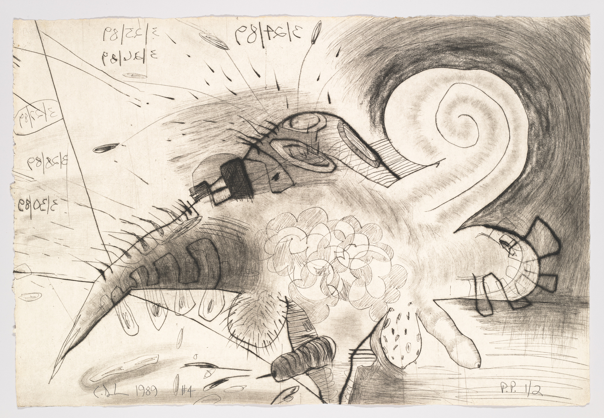 A black and white abstract etching featuring a central swirling form with various fragmented and distorted objects surrounding it, including what appears to be a hammer, a corkscrew, and floral shapes. The background is filled with dynamic lines and scribbles, and there are repeated instances of the word "PABLO" written upside down and backwards. The date "1989" and the initials "P.P." are inscribed at the bottom.