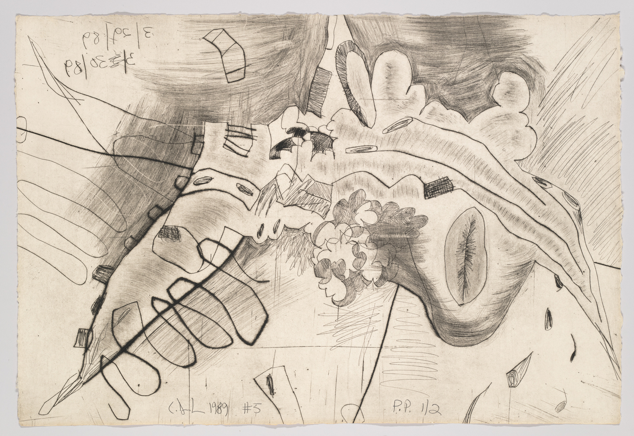 A black and white abstract drawing featuring a dynamic composition with swirling forms, fragmented shapes, and sketchy lines. The artwork has a sense of movement and includes elements that resemble parts of musical instruments, flowers, and various geometric figures. Handwritten text and numbers are visible at the edges, suggesting annotations or titles related to the piece.