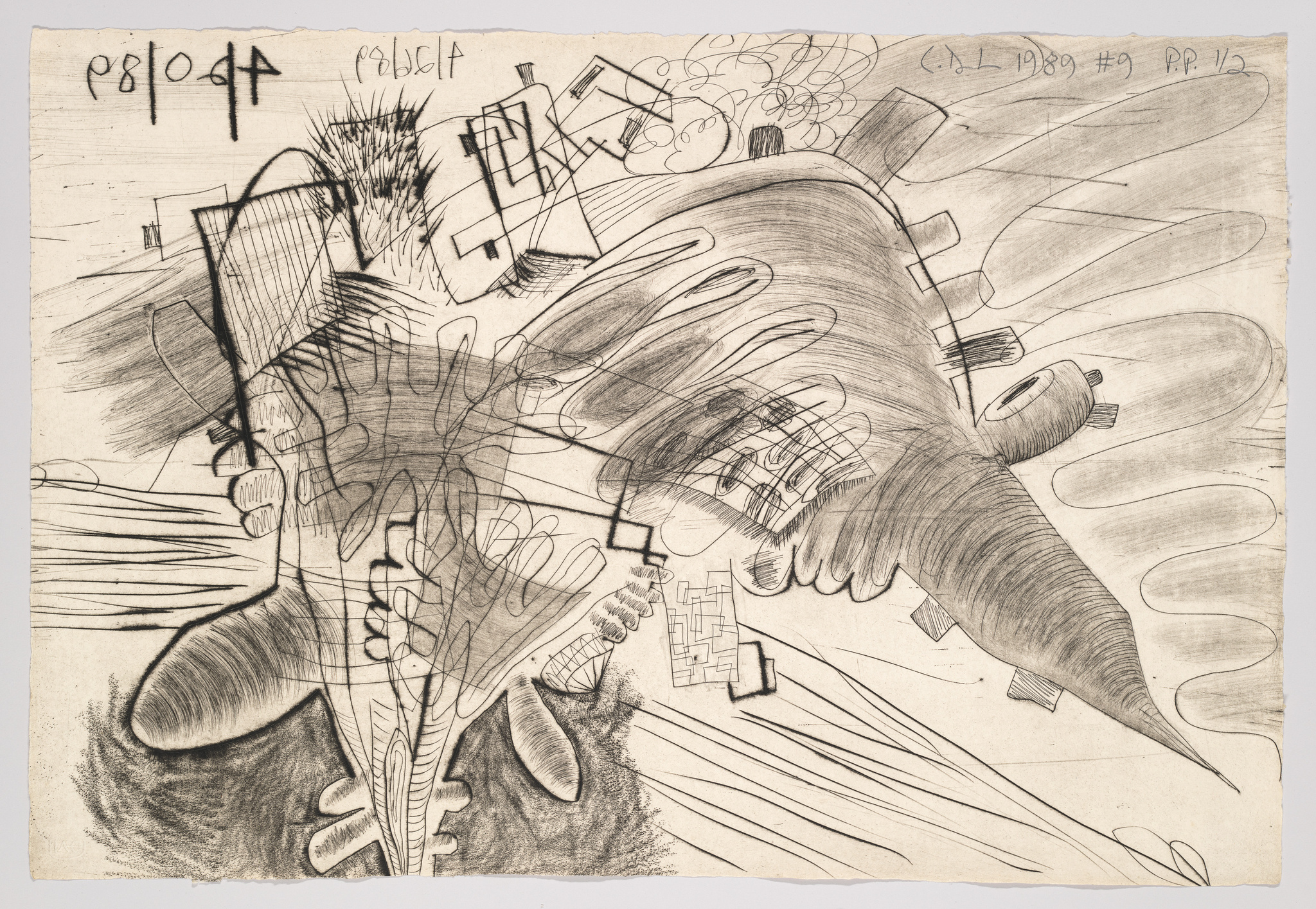 A dynamic and abstract black and white etching with a variety of lines, shapes, and scribbles that create a sense of movement and chaos. Some text and numbers are visible at the top, suggesting annotations or a title.