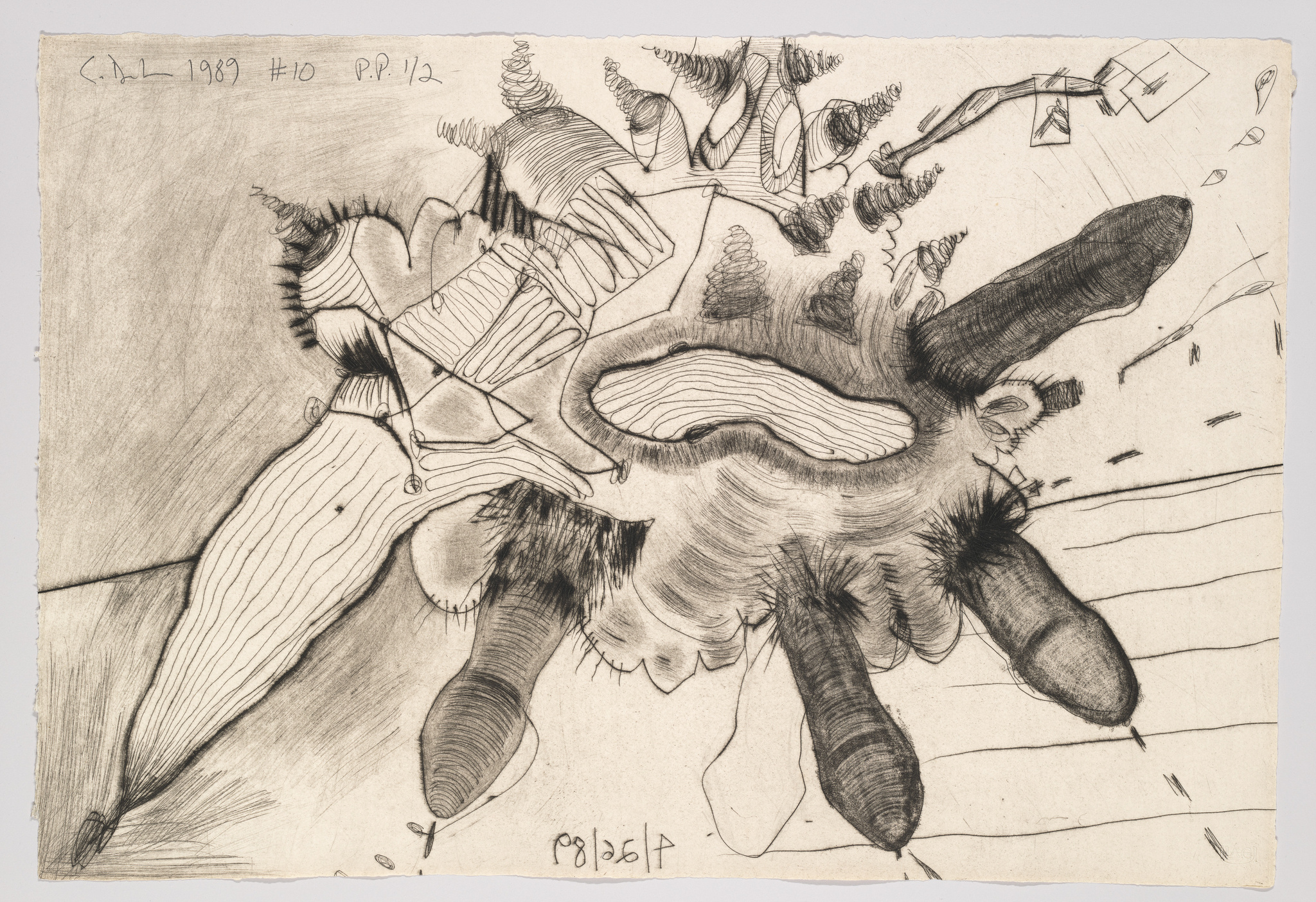 A detailed pencil drawing on paper featuring an abstract composition with various organic and geometric shapes intertwined. Some elements resemble plant-like structures with tendrils and leaves, while others suggest mechanical parts. Lines and shading create a sense of depth and movement. The artwork has handwritten text in the top left corner indicating the year 1989 and additional inscriptions, possibly related to the artwork's edition or cataloging.